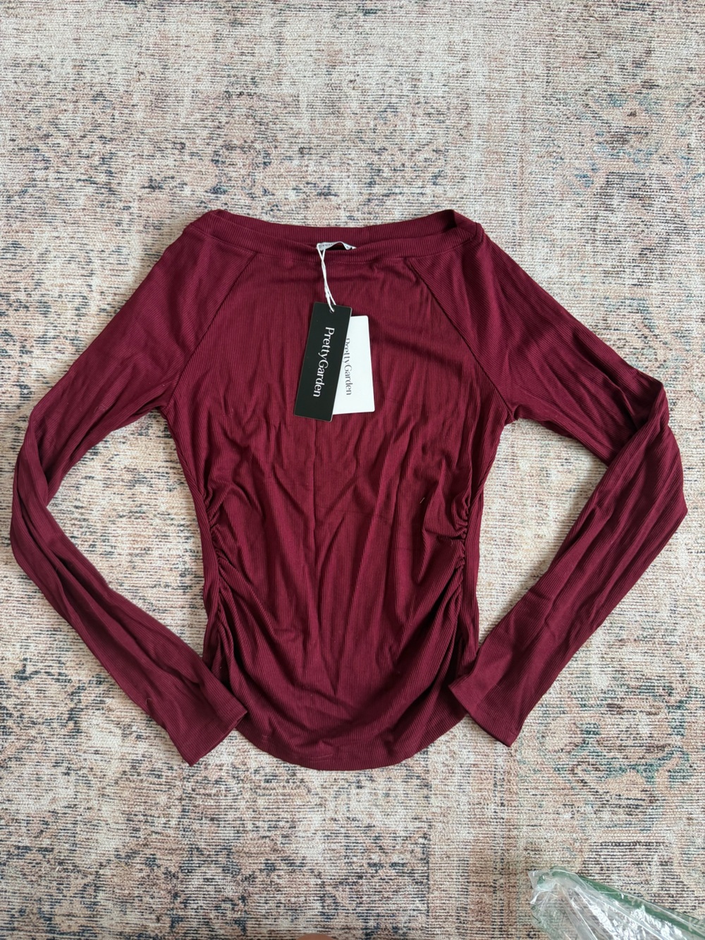 PrettyGarden Womens Burgundy Long-Sleeve Ruched Tee